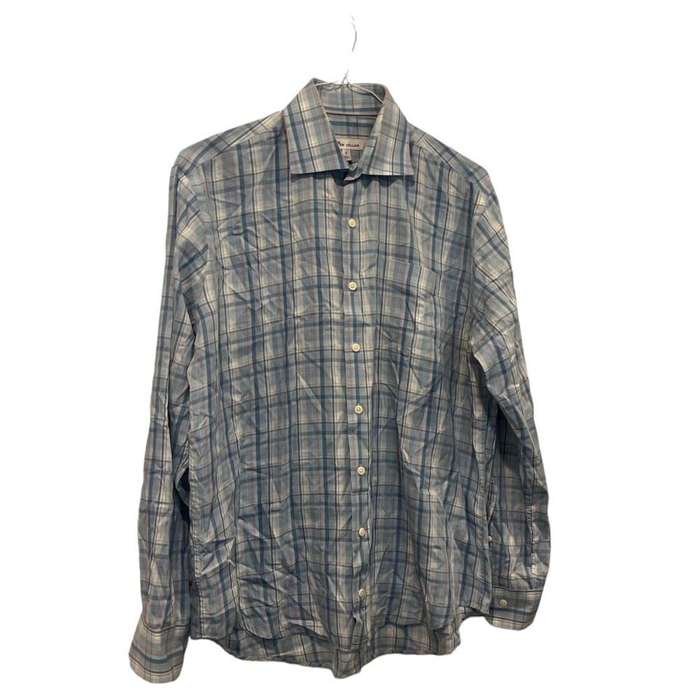 Peter Millar Men’s Large‎ Blue Plaid Cotton Silk Blend Dress Shirt Button Up EUC